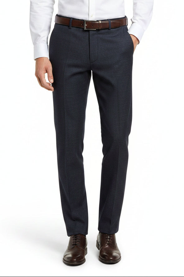 Charcoal grey Mafatlal unstitched poly viscose trousers and suiting fabric, folded fabric roll with textured surface.
