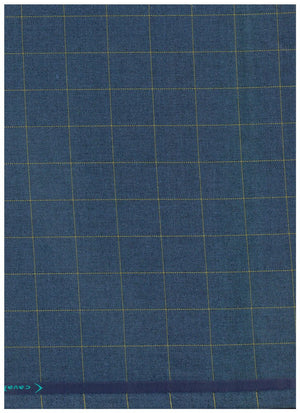 A close-up of a blue fabric with a fine yellow grid pattern and a small teal brand mark in the top right corner.