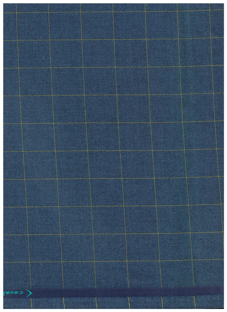 A close-up of a blue fabric with a fine yellow grid pattern and a small teal brand mark in the top right corner.