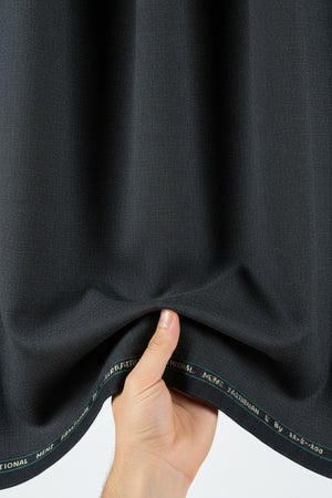 Grey Mafatlal poly wool trouser and suiting fabric, unstitched textile with a smooth finish and subtle woven pattern.