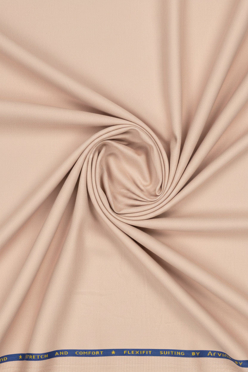 Beige fabric with a blue and yellow label at the top
