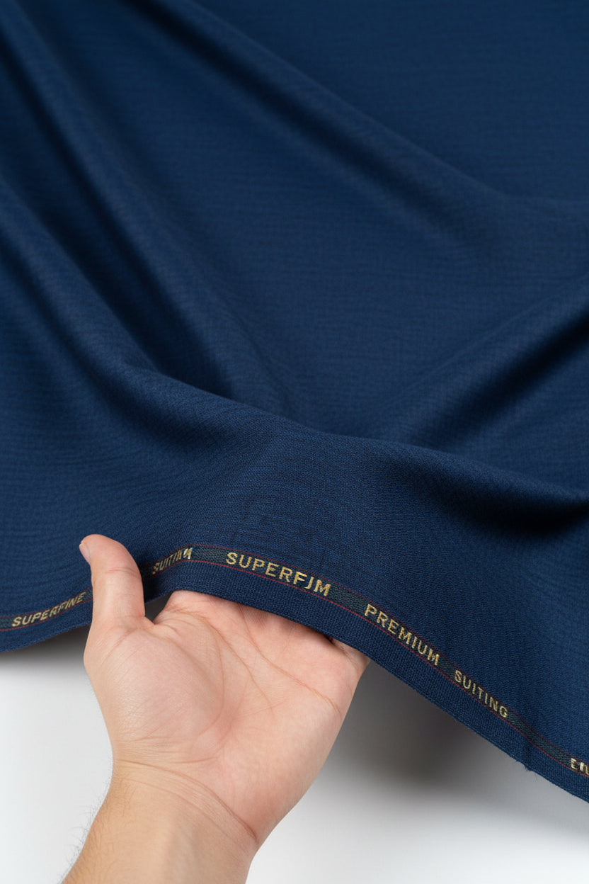 Royal blue Arvind poly viscose trousers and suiting fabric, showcasing the smooth texture and vibrant color of the fabric.