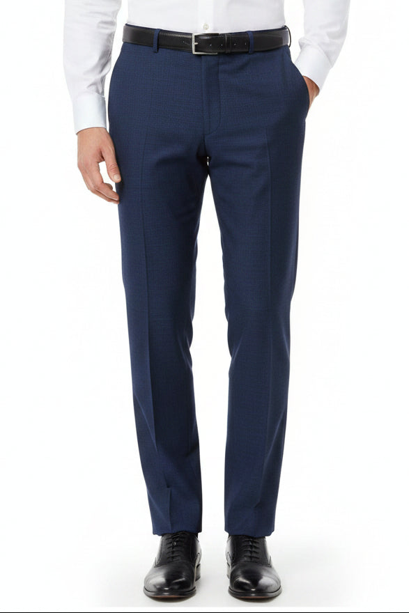 Royal blue Arvind poly viscose trousers and suiting fabric, shown in a close-up of the textured textile.