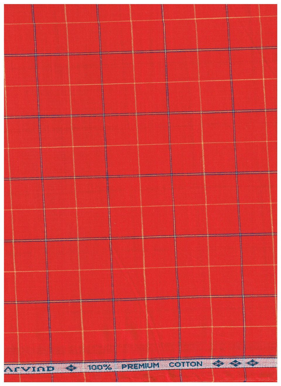 Red cotton fabric with a blue and yellow grid pattern, featuring a branded selvage edge at the top that reads 'AVIAND 100% PREMIUM COTTON'.