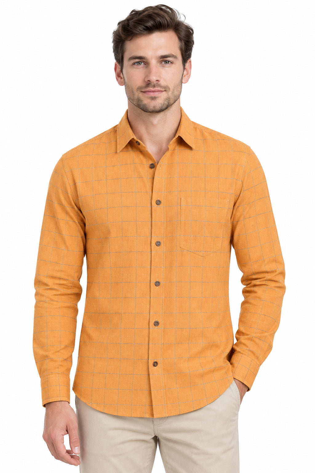 Orange Arvind Tresca Giza cotton shirt fabric with check pattern, ideal for tailoring or shirt making.