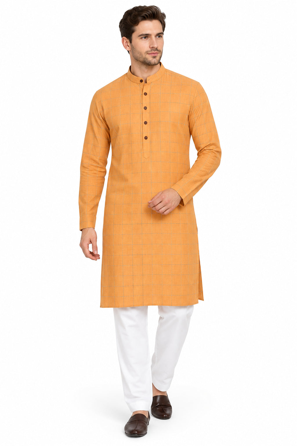 Orange Arvind Tresca Giza cotton shirt fabric with check pattern, showcasing lightweight, breathable textile suitable for shirts.