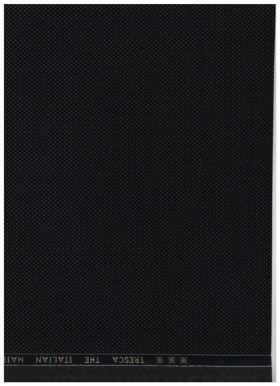 A close-up of a black textured fabric or material swatch with a narrow gold printed header reading 'TRESCA THE ITALIAN MAT'.