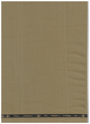 A flat-lay view of a textured fabric swatch in a muted olive-tan color, featuring a dark navy blue border at the top with gold text that reads 'Silver Collection by All Weather Fabrics'.