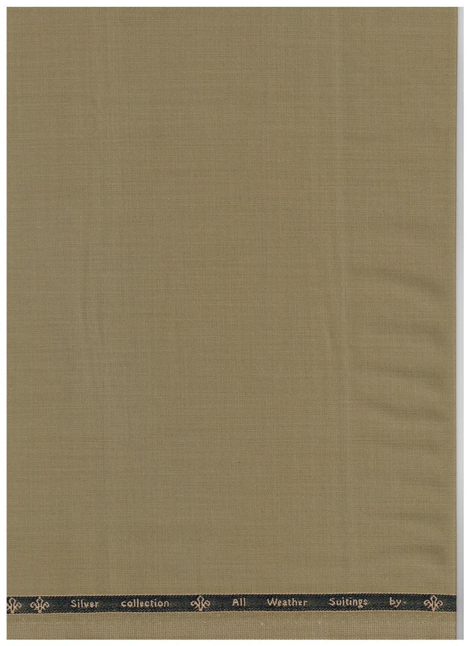 A flat-lay view of a textured fabric swatch in a muted olive-tan color, featuring a dark navy blue border at the top with gold text that reads 'Silver Collection by All Weather Fabrics'.
