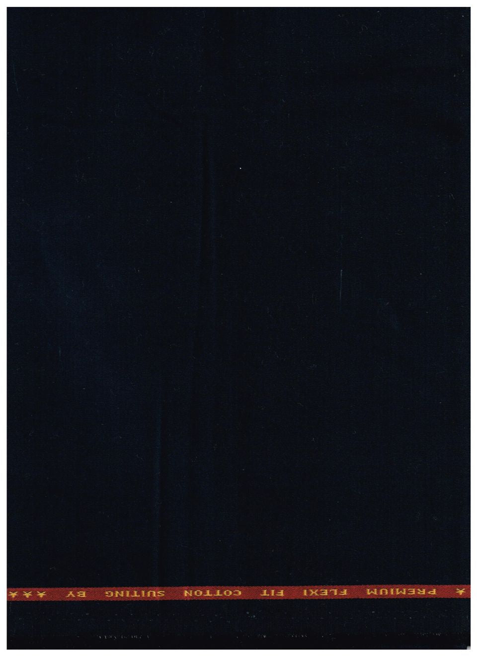 A dark navy blue fabric panel with a red horizontal band across the top edge featuring yellow text that reads 'PREMIUM FLEXI FIT COTTON SUITING BY'.