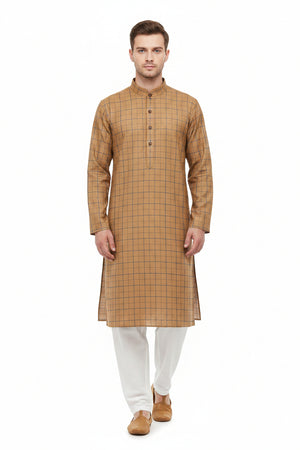 Unstitched Tresca Cotton Checks Shirting Fabric by Arvind in caramel color, showing the checked pattern and fabric texture.
