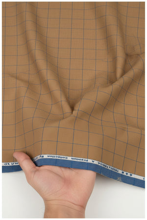 Unstitched Tresca cotton checks shirting fabric by Arvind in caramel color, showing the fabric's soft texture and check pattern.