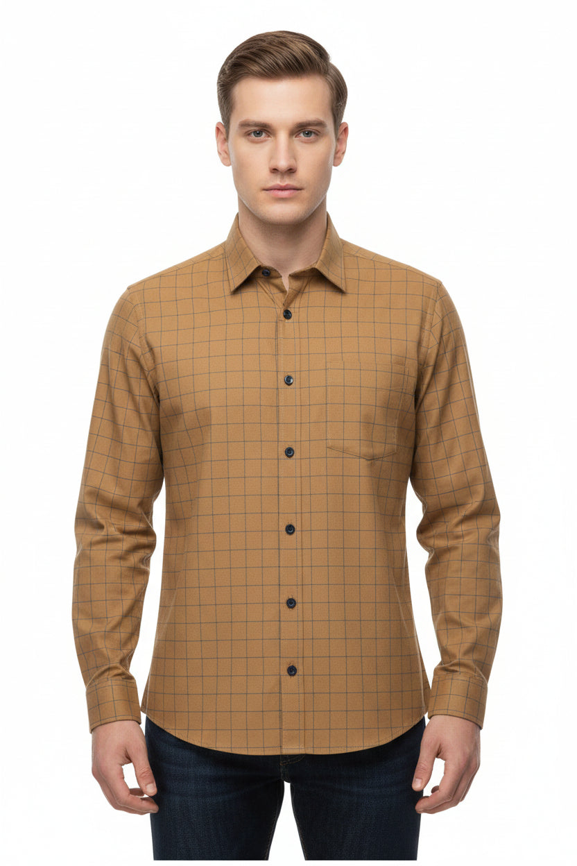 Caramel Tresca cotton checks shirting fabric by Arvind, showcasing soft unstitched cotton material with classic check pattern.