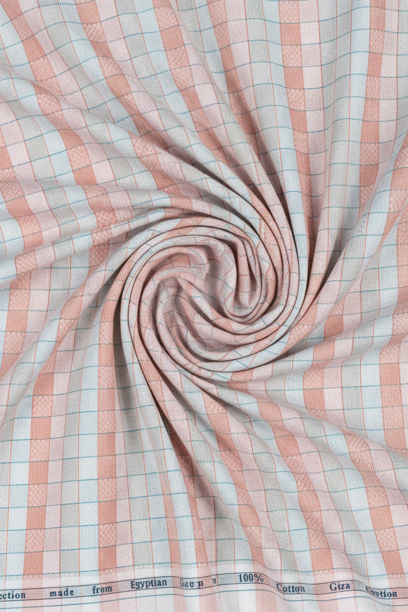 Checkered fabric with pink and blue stripes and text on a white background
