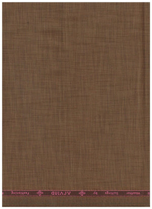 A square fabric sample with a brown woven texture and a pink printed header band at the top edge reading 'Weather Suitings by ARVIND Fashioning'.