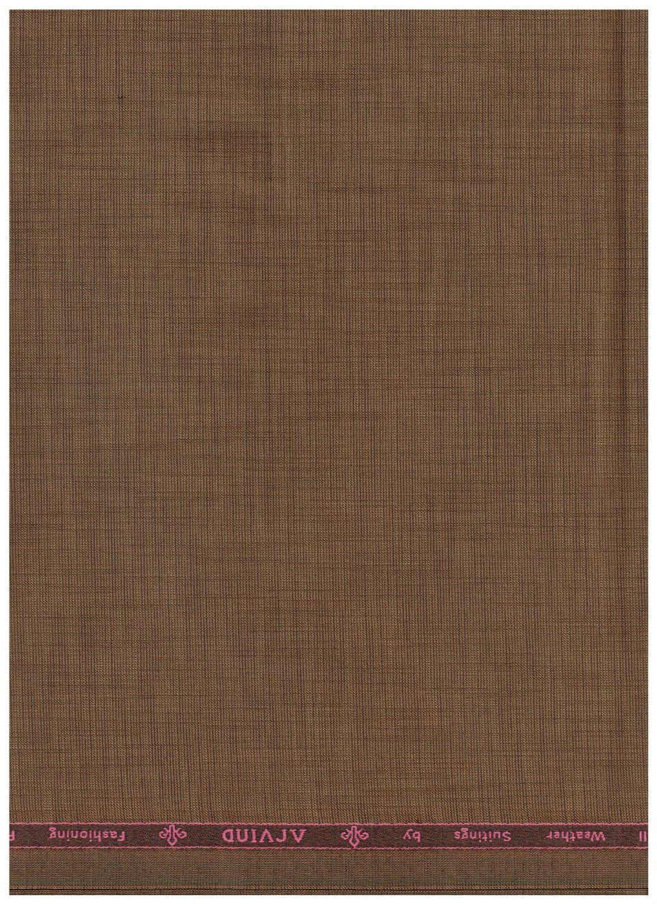 A square fabric sample with a brown woven texture and a pink printed header band at the top edge reading 'Weather Suitings by ARVIND Fashioning'.
