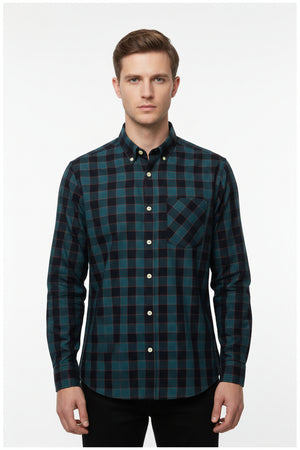 Black check cotton shirting fabric by Arvind Millennial's Fashion, shown with close-up of checked pattern and fabric texture.