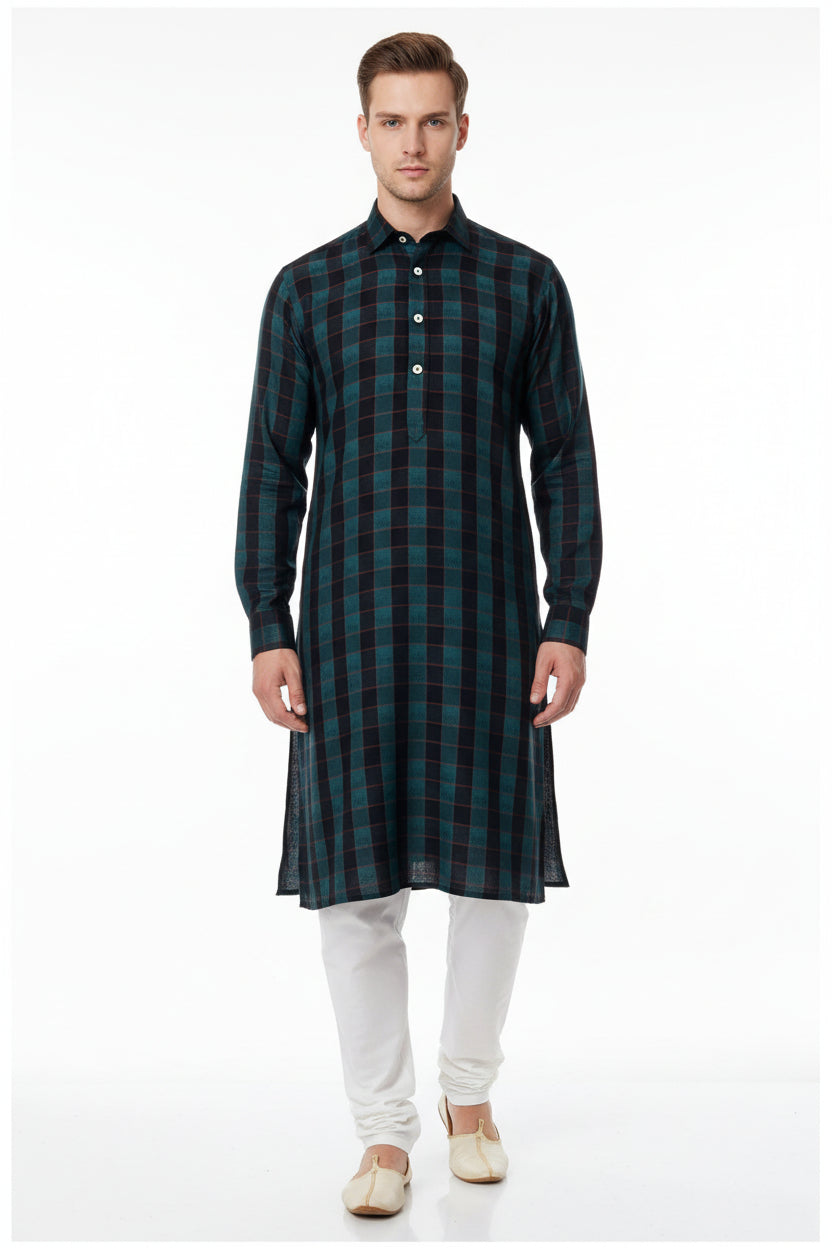 Black check cotton shirting fabric from Arvind Millennial's Fashion with a classic checked pattern.