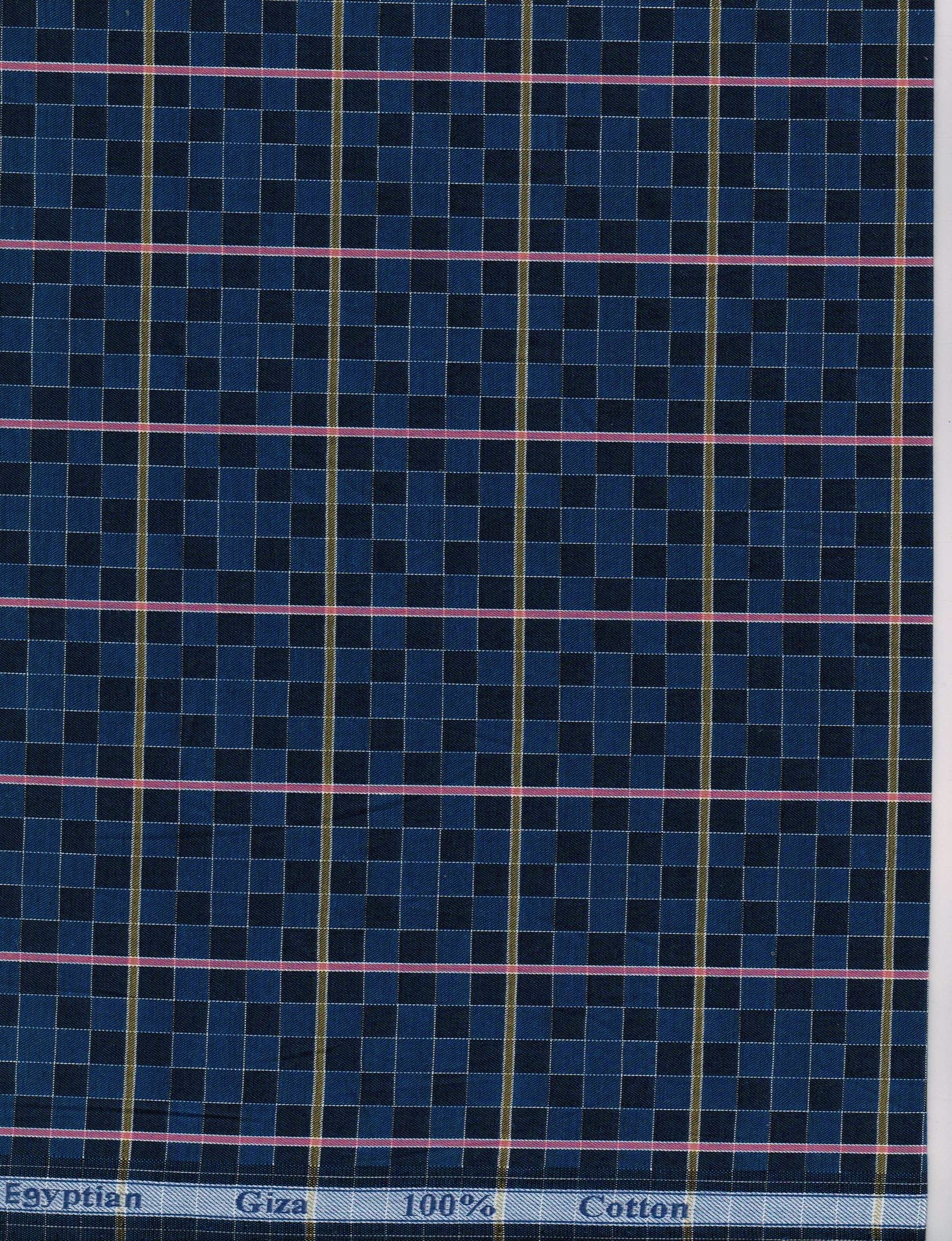 Plaid fabric with blue and black pattern on a white background