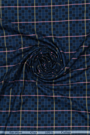Plaid fabric with blue and black pattern on a white background