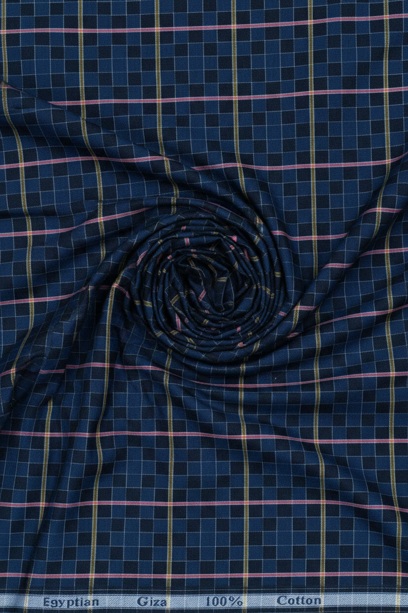Plaid fabric with blue and black pattern on a white background
