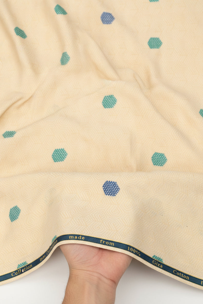 Beige fabric with blue geometric pattern and 'Made in Italy' label