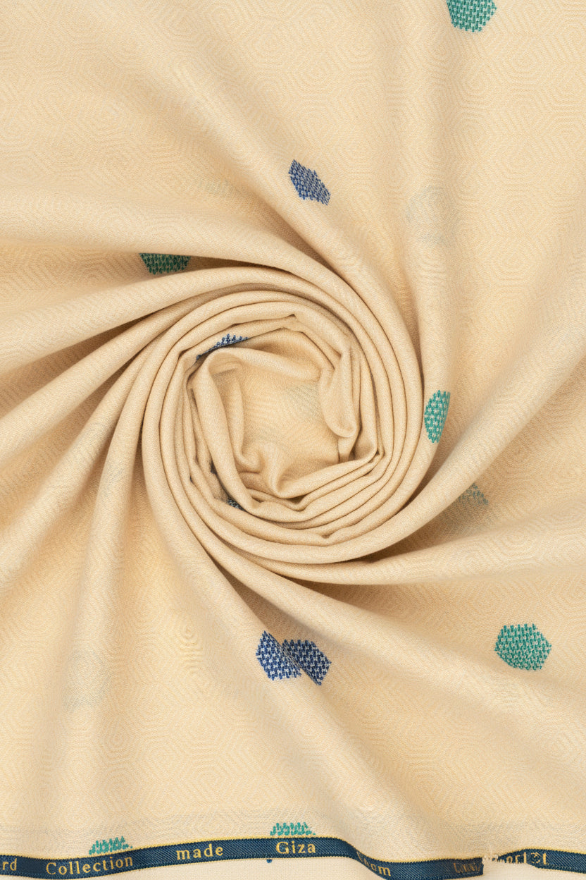 Beige fabric with blue geometric pattern and 'Made in Italy' label