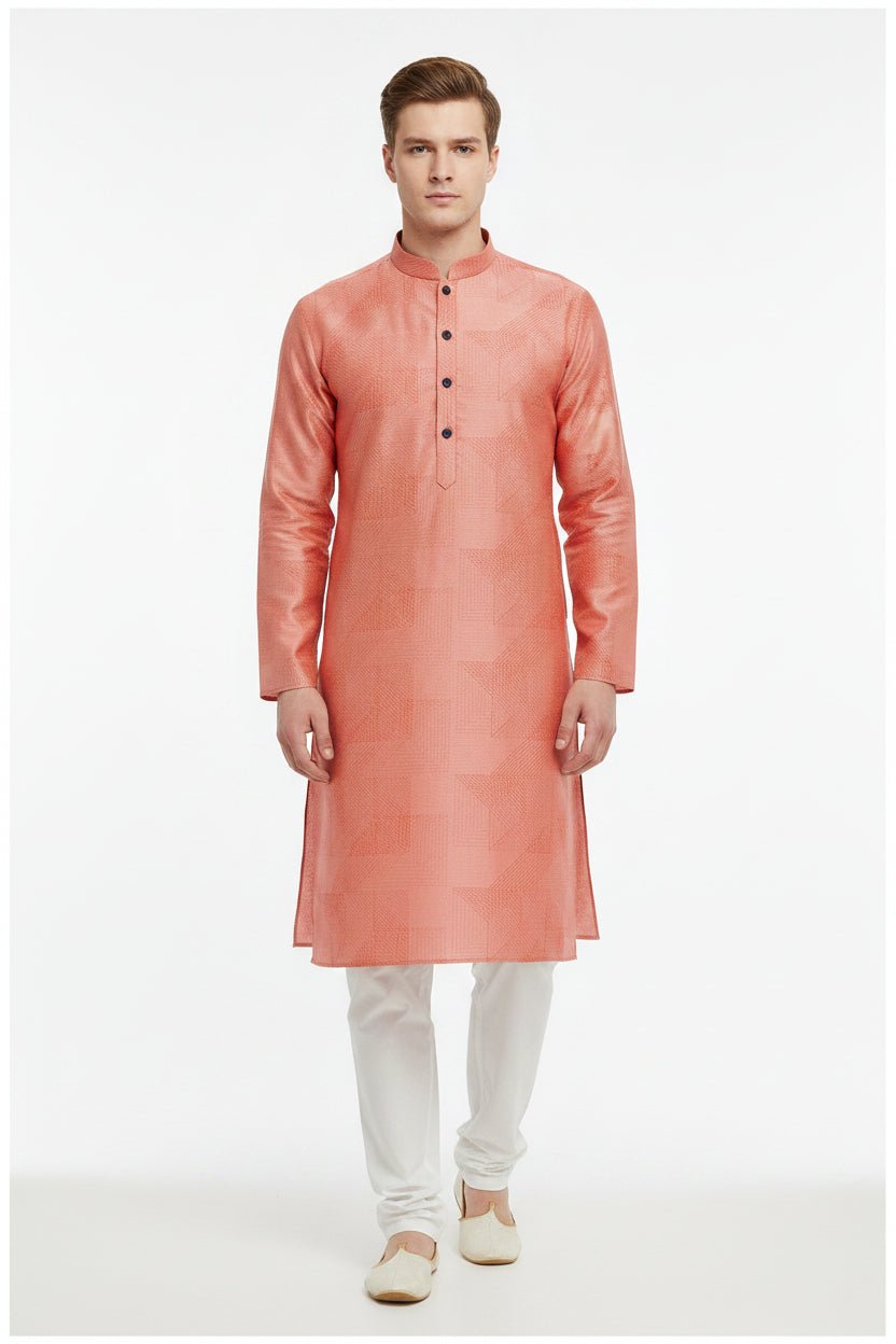 Arvind Jacquard cotton shirting fabric in vibrant carrot orange with intricate woven pattern, ideal for stylish shirts.