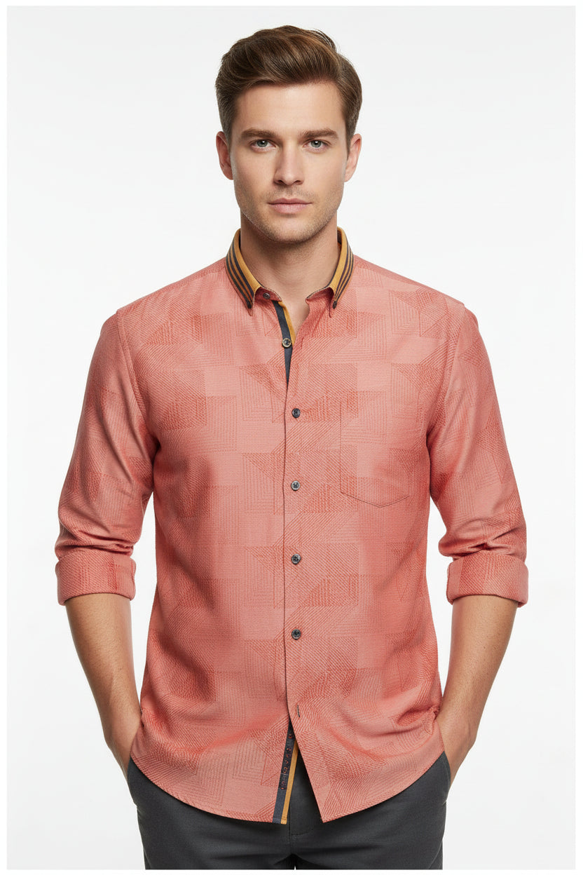 Arvind Jacquard Cotton Shirting Fabric in vibrant carrot orange with intricate jacquard pattern, ideal for stylish shirts.