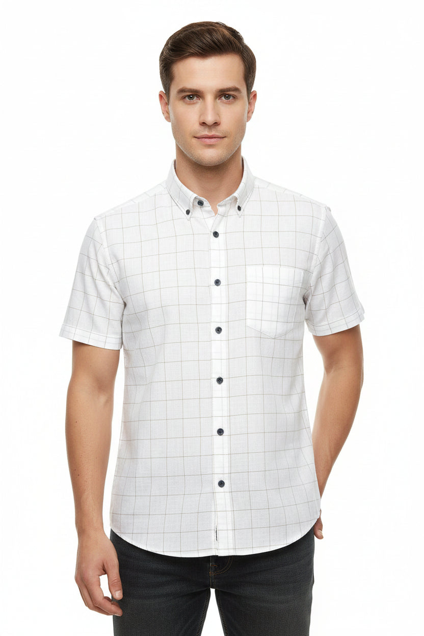 White Arvind Checks unstitched PC shirting fabric, featuring a classic check pattern and smooth texture.