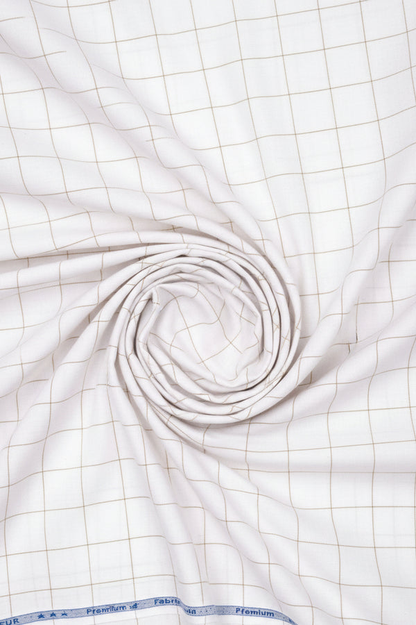 White Arvind Tresca shirt fabric with check pattern, made from polyester cotton for dressmaking or tailoring.