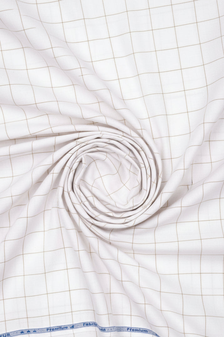 White Arvind Checks unstitched PC shirting fabric, lightweight material ideal for custom shirts, detailed fabric pattern visible.