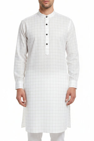 White Arvind Checks unstitched PC shirting fabric with a classic check pattern, suitable for tailored shirts.