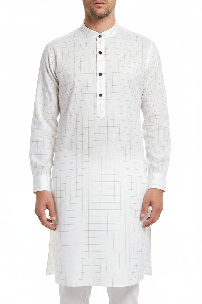 White Arvind Checks unstitched PC shirting fabric with a classic check pattern, suitable for tailored shirts.
