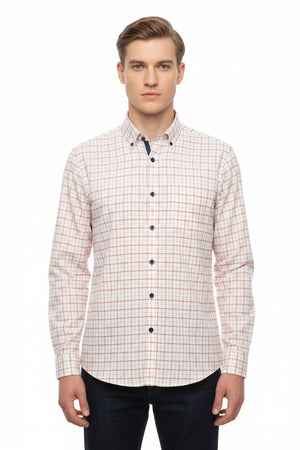 Carrot orange Arvind Checks cotton shirting fabric with a vibrant check pattern, ideal for stylish shirts and clothing projects.