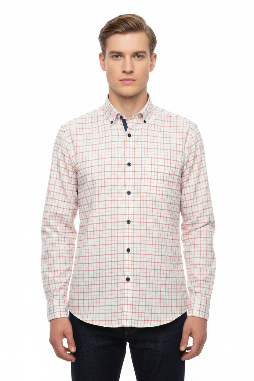Carrot orange Arvind Checks cotton shirting fabric with a vibrant check pattern, ideal for stylish shirts and clothing projects.