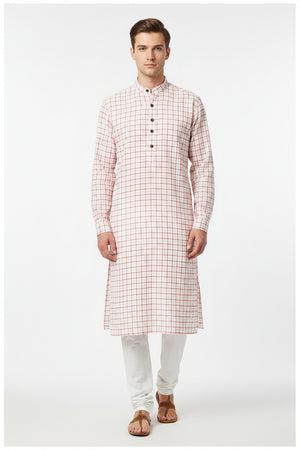 Carrot orange Arvind Checks Cotton Shirting Fabric displaying a vibrant checkered pattern in close-up.