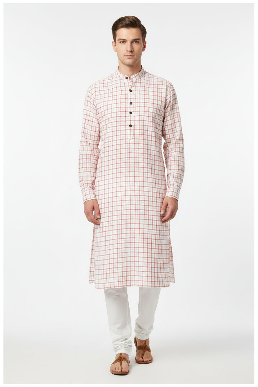 Carrot orange Arvind Checks Cotton Shirting Fabric displaying a vibrant checkered pattern in close-up.