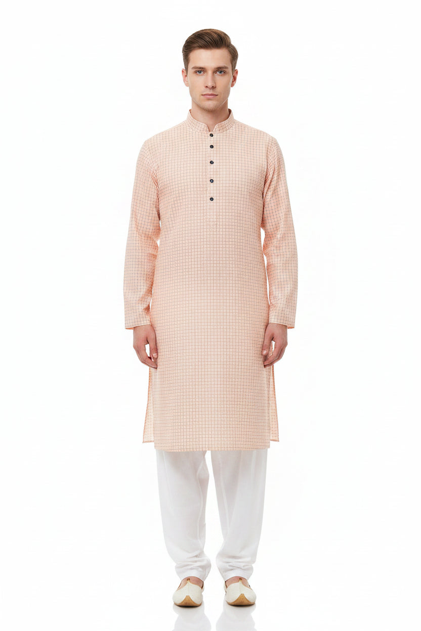 Peach Arvind cotton checks shirting fabric with a classic plaid pattern, ideal for stylish men's or women's shirts.