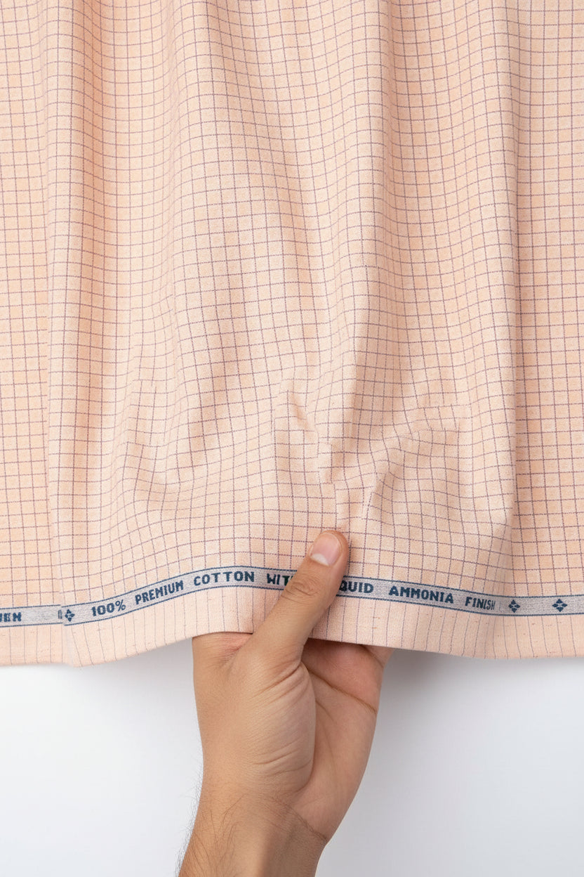 Peach Arvind cotton checks shirting fabric with classic check pattern, suitable for shirts and lightweight apparel.