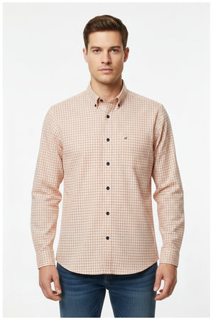 Peach Arvind cotton checks shirting fabric with a classic check pattern, lightweight and suitable for shirts.