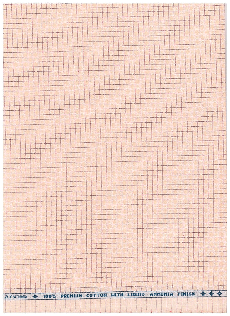 Peach Arvind Cotton Checks Shirting Fabric, soft and lightweight cotton material with a classic check pattern by ARVIND.