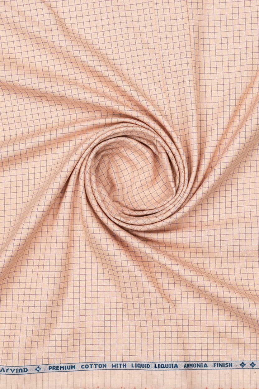 Peach Arvind Cotton Checks Shirting Fabric with a classic checked pattern, suitable for shirts and dressmaking.