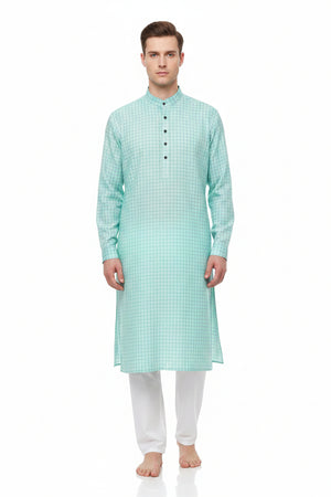 Arvind Tresca cotton checks shirting fabric in Tron Blue, showcasing soft, unstitched textile with a checkered pattern.