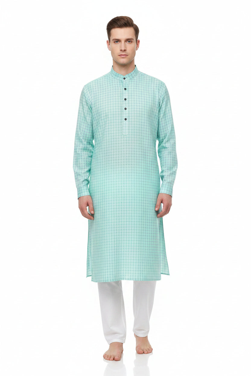 Arvind Tresca cotton checks shirting fabric in Tron Blue, showcasing soft, unstitched textile with a checkered pattern.