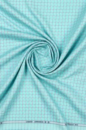 Unstitched Tresca cotton checks shirting fabric by Arvind in Tron Blue, featuring a soft cotton checkered pattern.