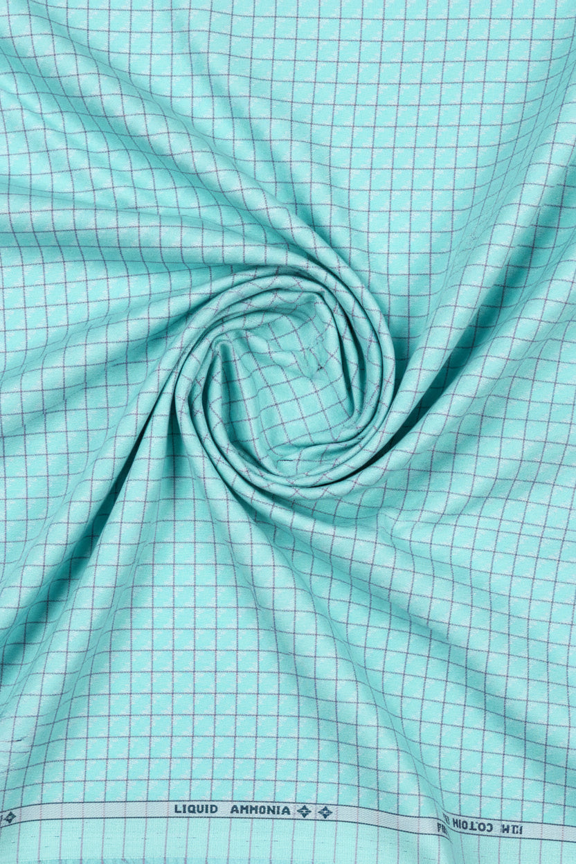 Unstitched Tresca cotton checks shirting fabric by Arvind in Tron Blue, featuring a soft cotton checkered pattern.