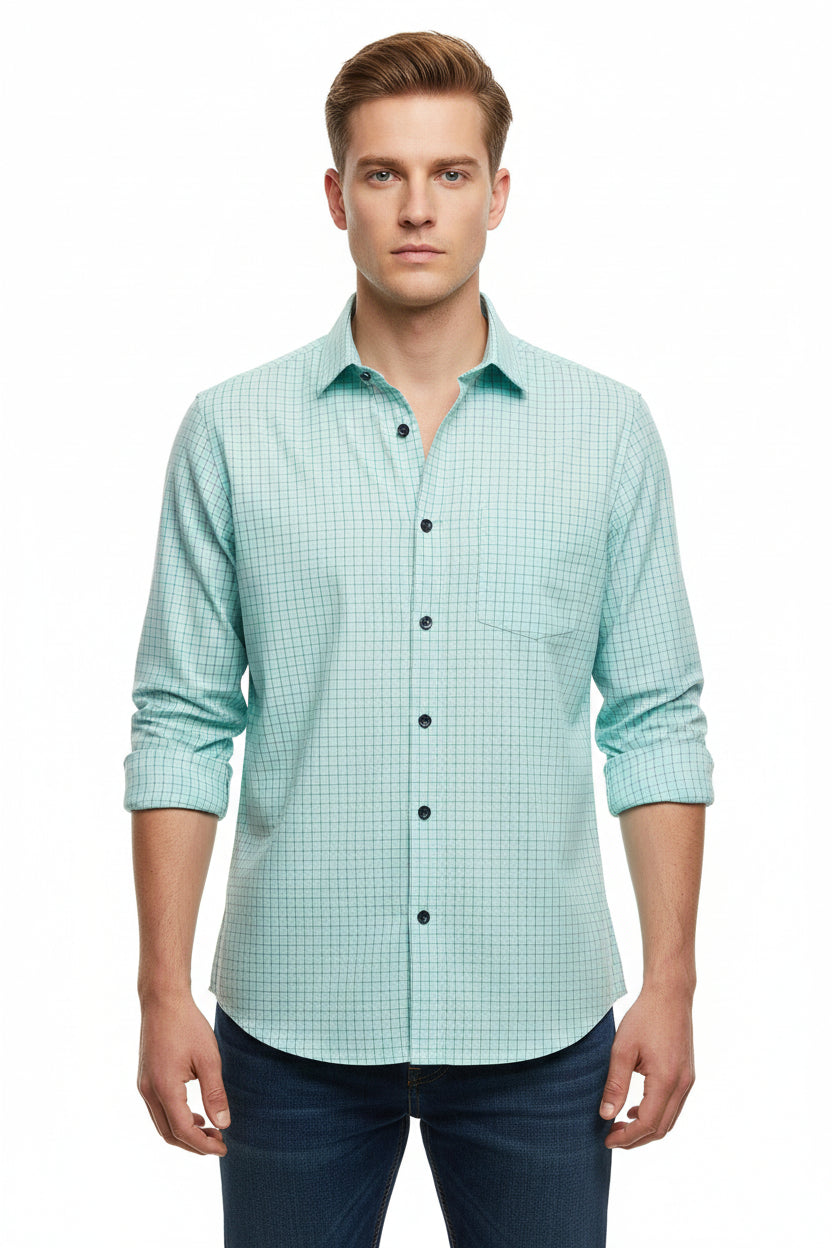 Arvind Tresca cotton checks shirting fabric in Tron Blue, unstitched premium cotton fabric with a classic check pattern.