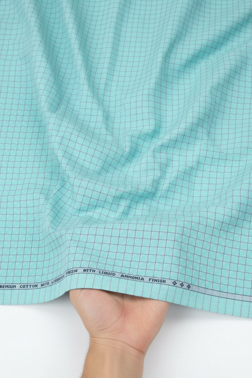 Arvind Tresca cotton checks shirting fabric in Tron Blue, unstitched luxurious cotton material with blue and white check pattern