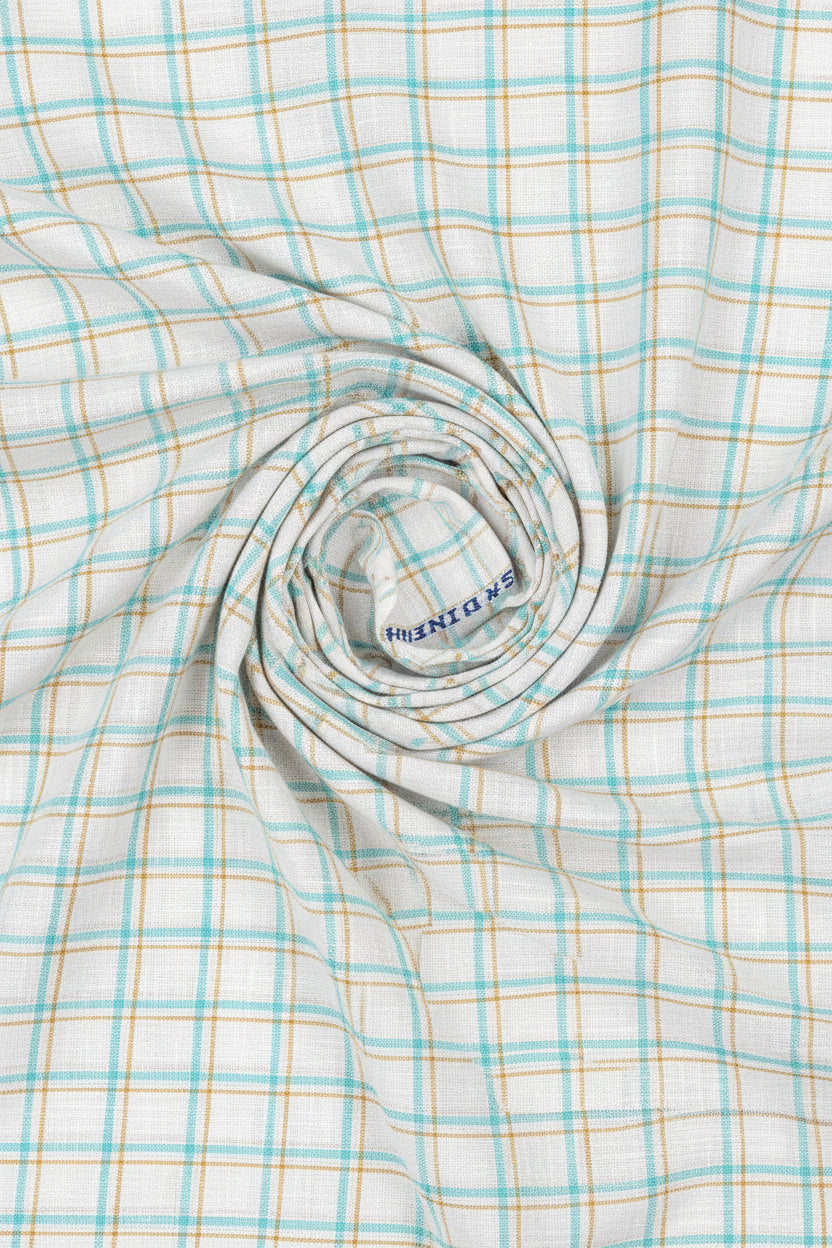 Blue and beige Arvind linen checks shirting fabric with a classic check pattern, suitable for unstitched shirt sewing.